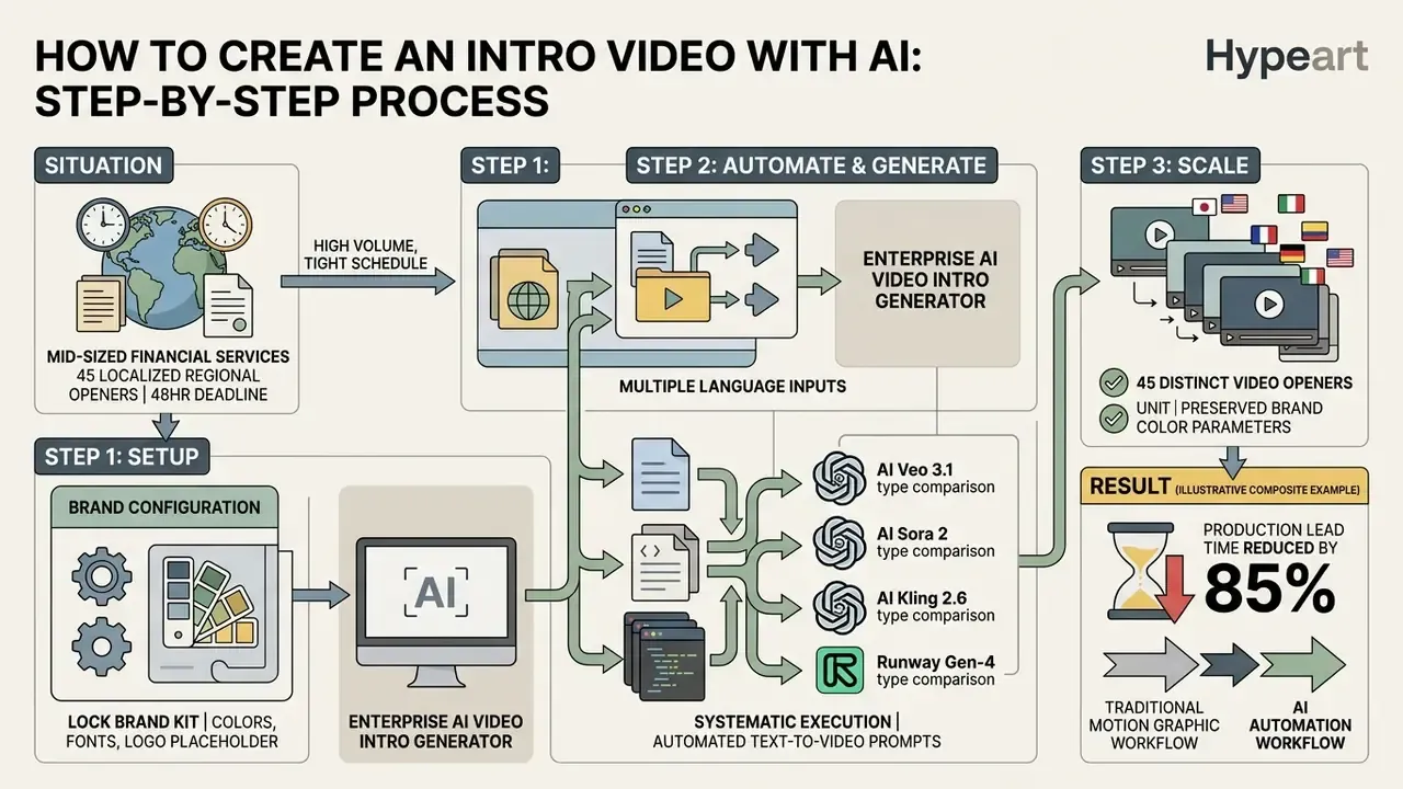Flowchart illustrating a three-step production workflow that automates video creation to save time