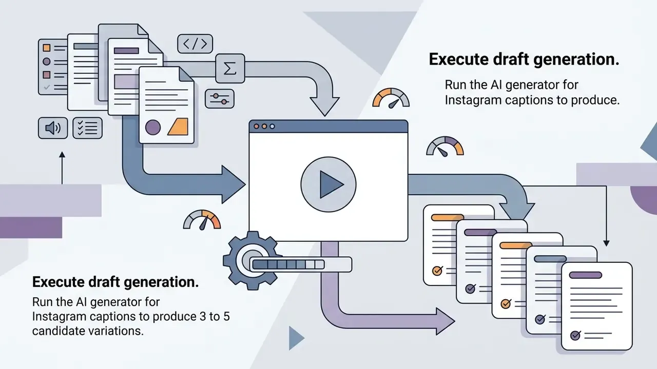 Documents flowing into a media player with a gear and progress bar to create multiple text variations