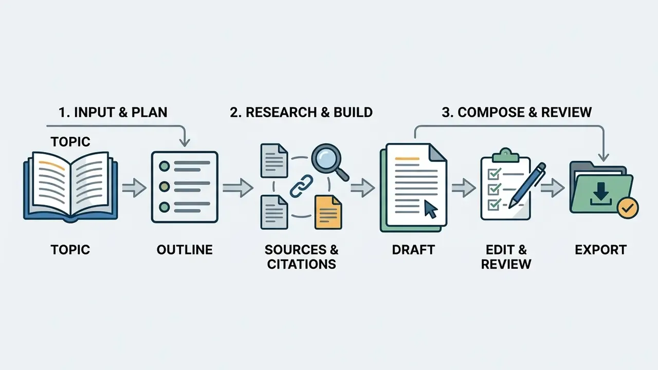 Linear process diagram showing stages from topic selection and outlining to drafting, review, and file export