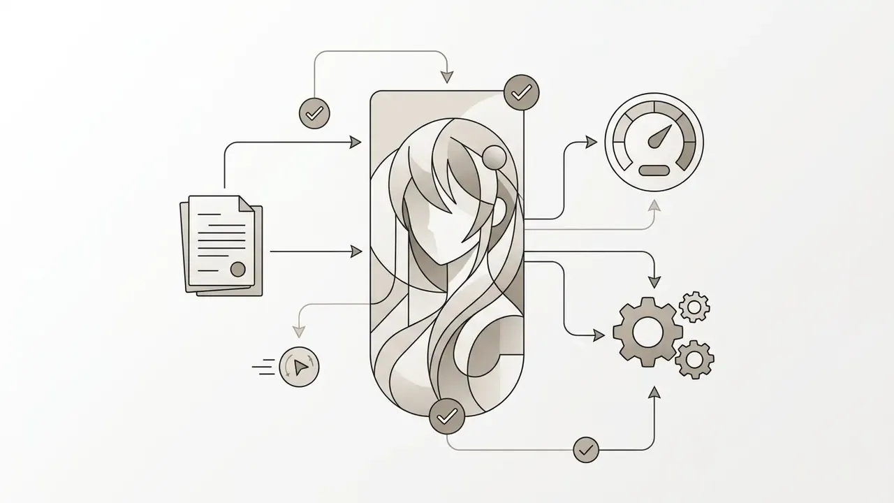 Stylized character portrait connected to document, speed gauge, and gear icons via a flow path