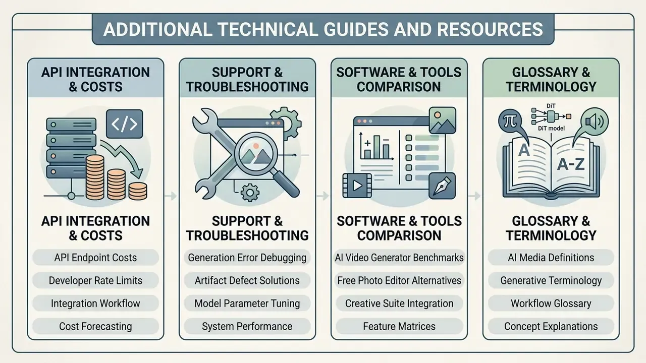 Four columns outlining technical resources for API costs, troubleshooting, software tools, and terminology