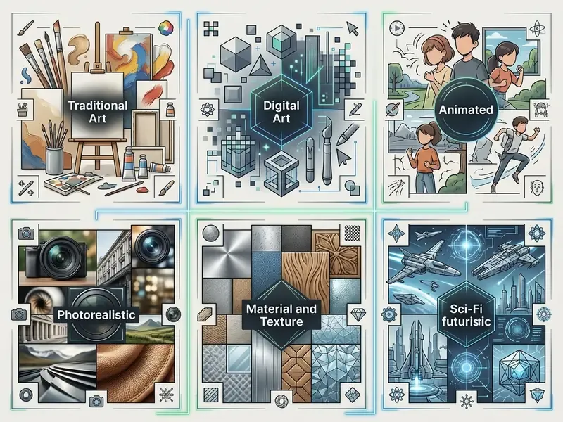 Grid of six panels showcasing traditional, digital, animated, photorealistic, material, and sci-fi themes