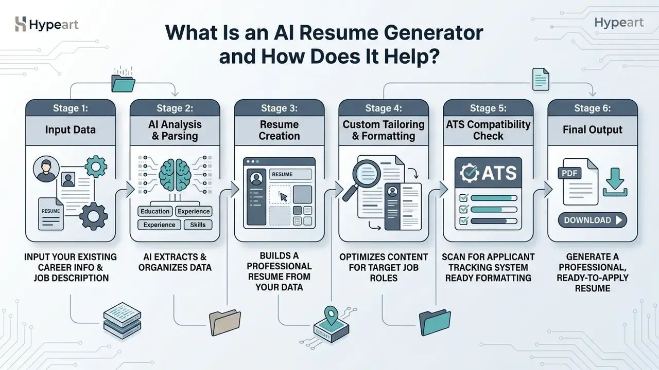 Six sequential steps illustrating how an ai resume generator processes user data into a final PDF document