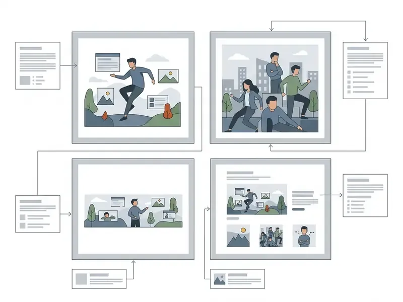 Connected panels showing people interacting with digital elements and various layout configurations
