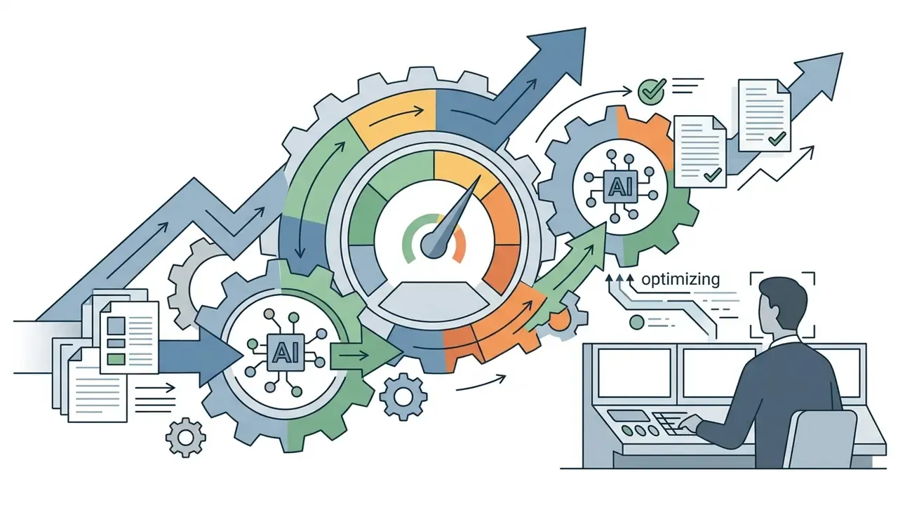 Analyst at a console monitoring AI gears and performance gauges to optimize workflow and document throughput