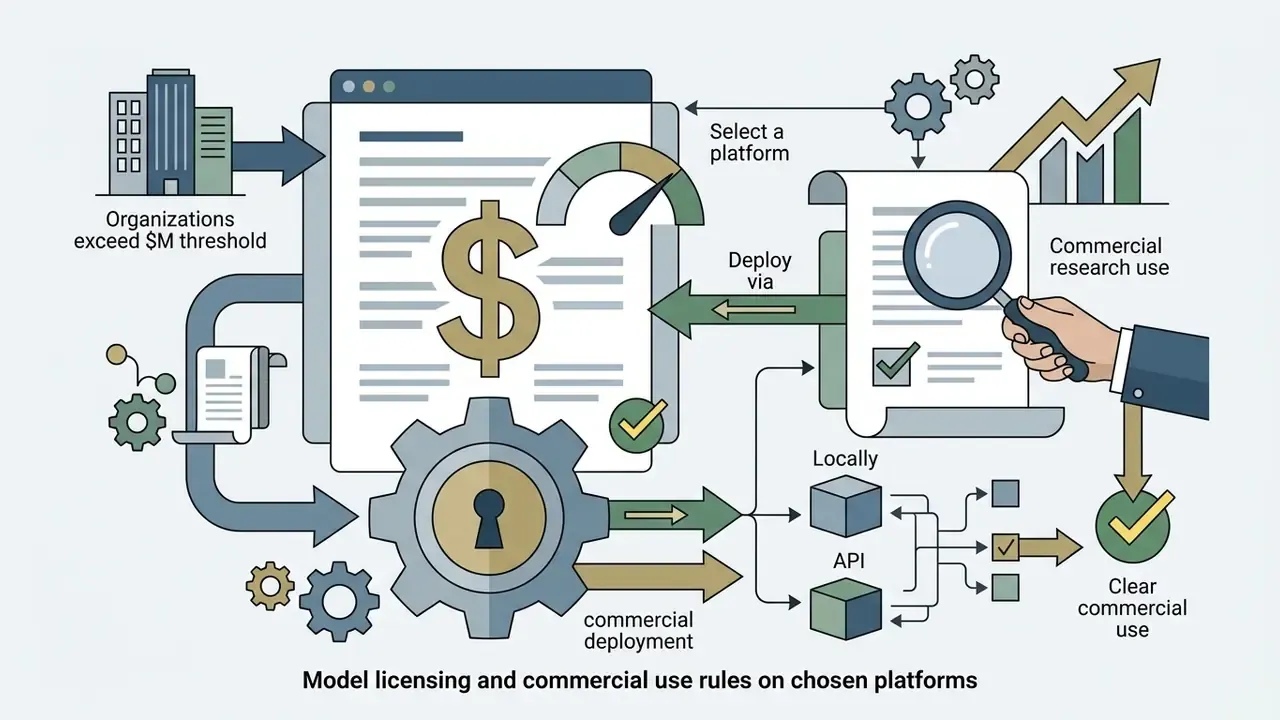 Business icons and gear mechanisms illustrating revenue thresholds and compliance steps for commercial use