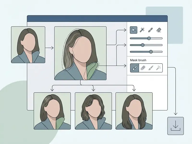 Interface showing a portrait being masked and edited to produce multiple variations for download