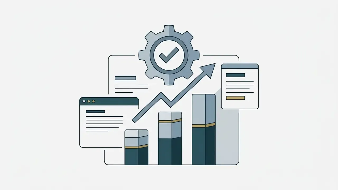 Stacked bar chart with an upward trend arrow and a gear icon containing a checkmark
