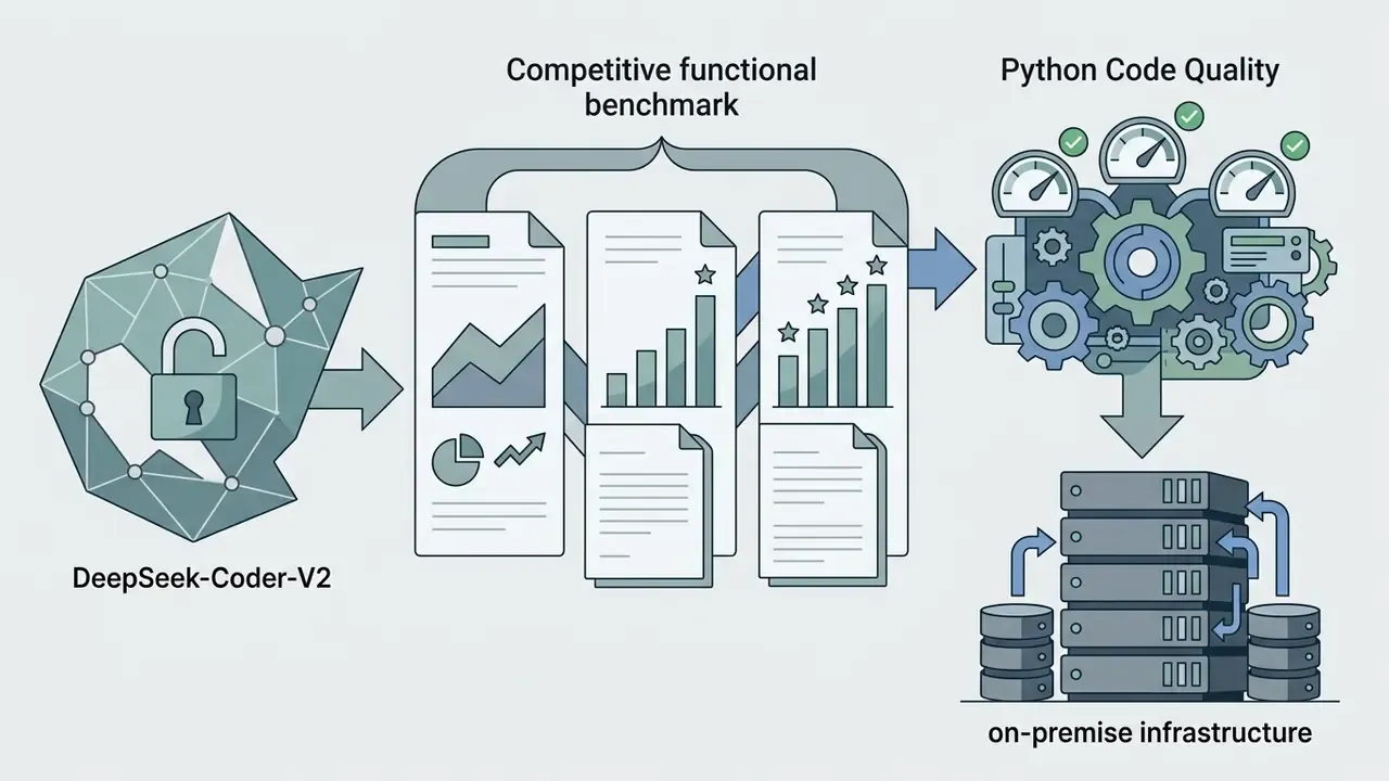 DeepSeek-Coder-V2 model feeding benchmark reports into a gear mechanism that connects to server hardware
