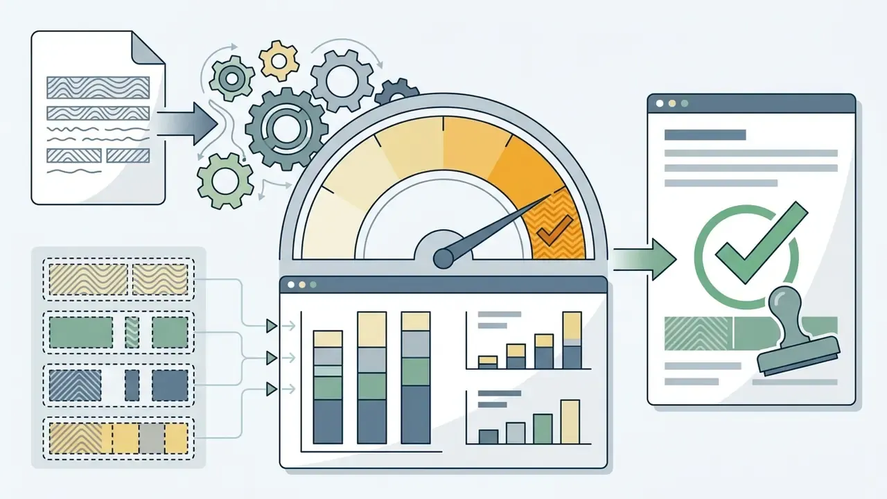Document processing through gears and a gauge to generate a report with a checkmark and stamp