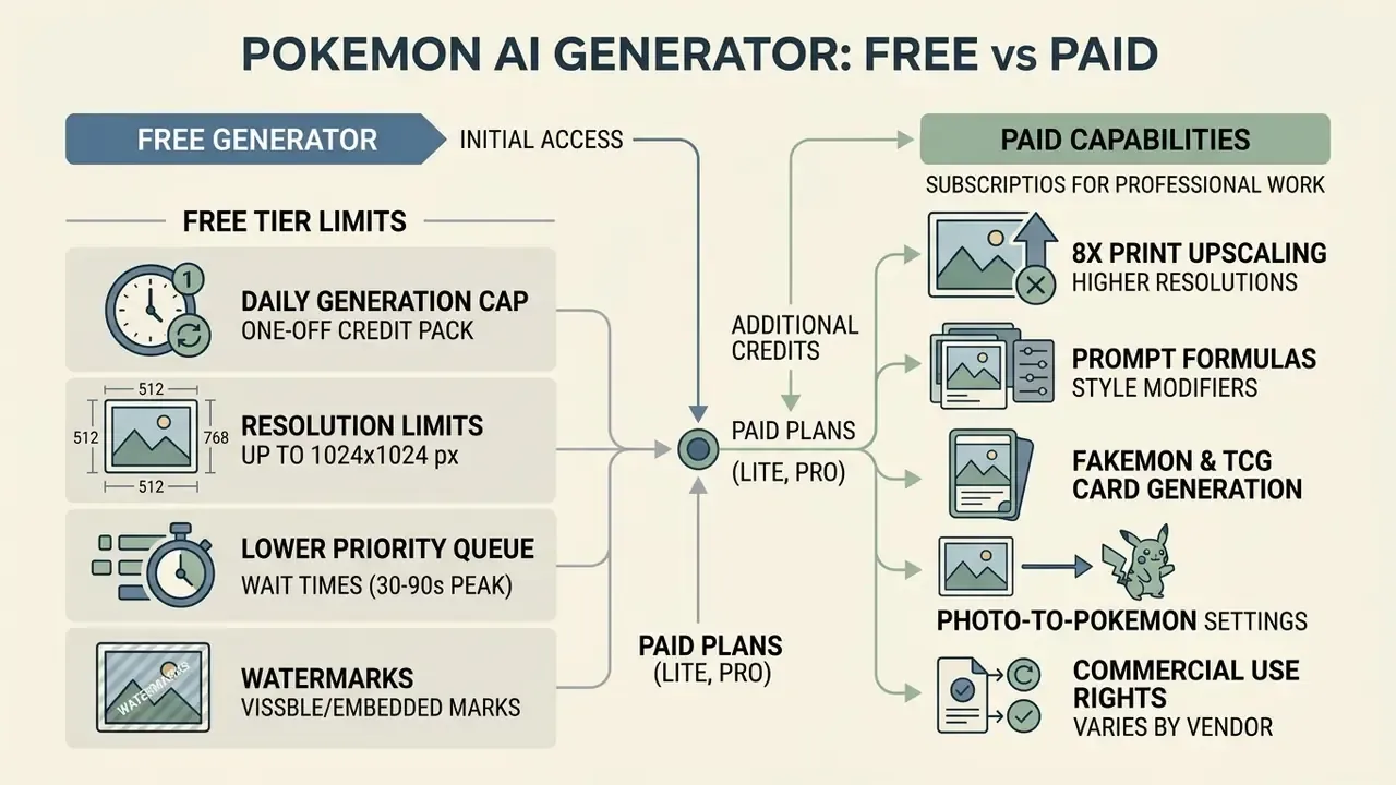 Diagram comparing free tier limitations against paid subscription features for creative software