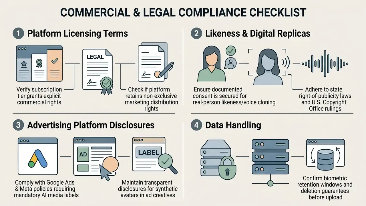 Four-step checklist outlining legal requirements for licensing, likeness rights, ad disclosures, and data