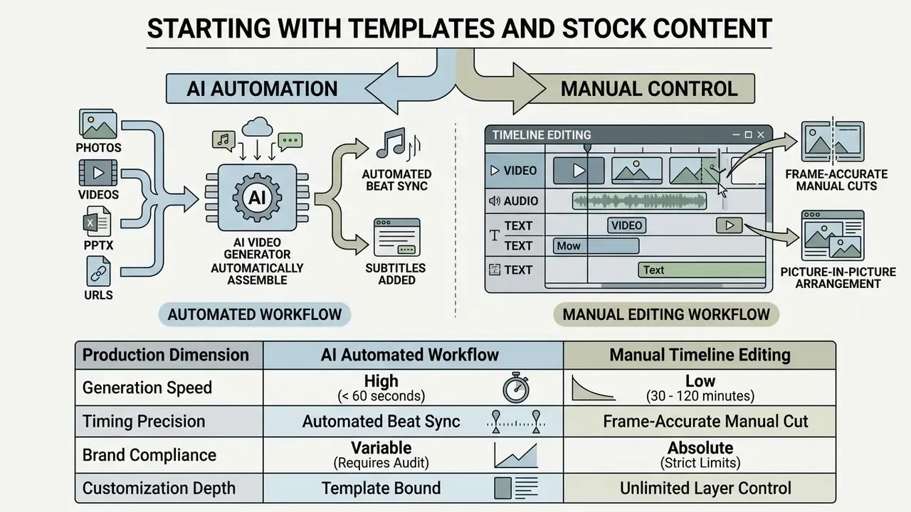Comparison table and workflow diagrams contrasting AI automated video generation with manual timeline editing