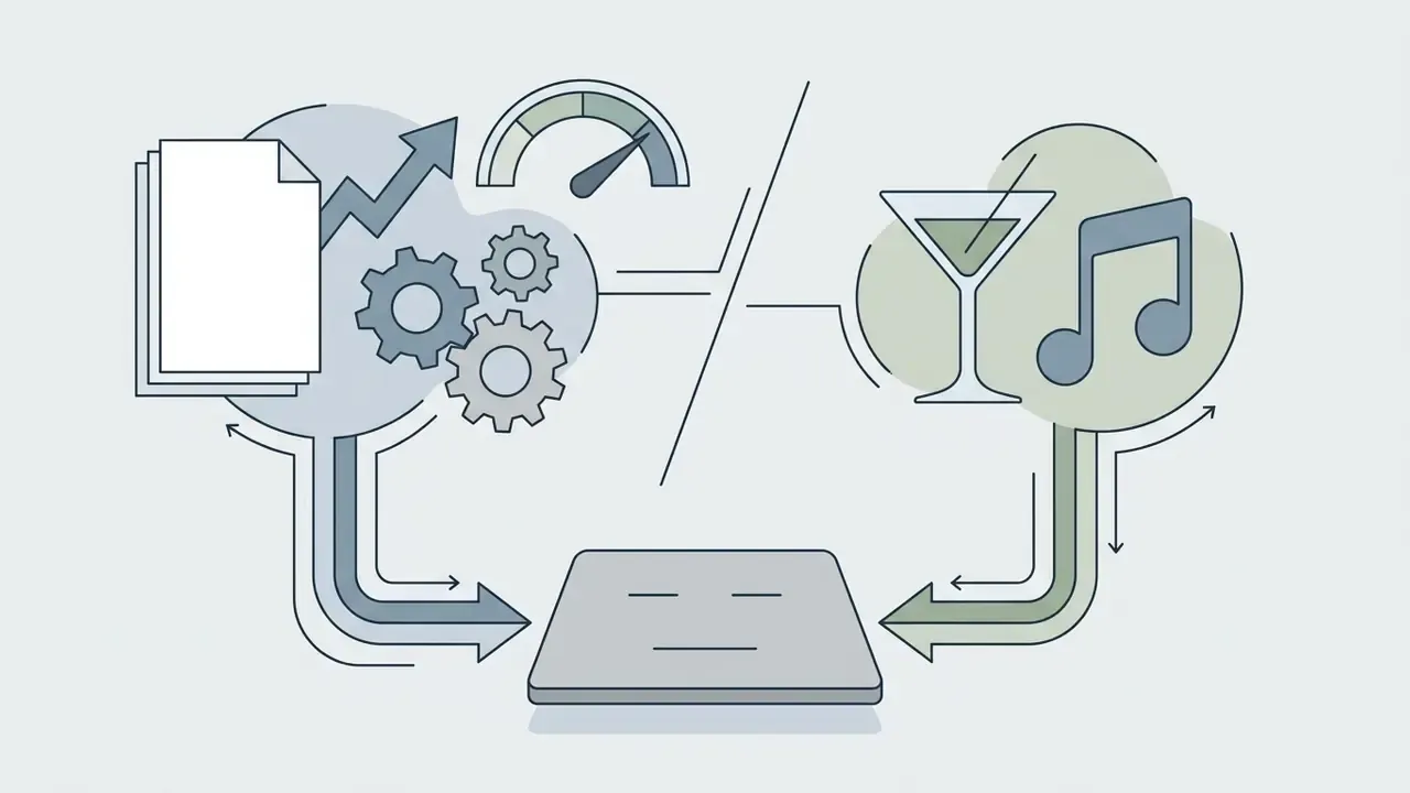 Gears and documents with a gauge contrasted against a martini glass and musical note icon feeding into a tablet