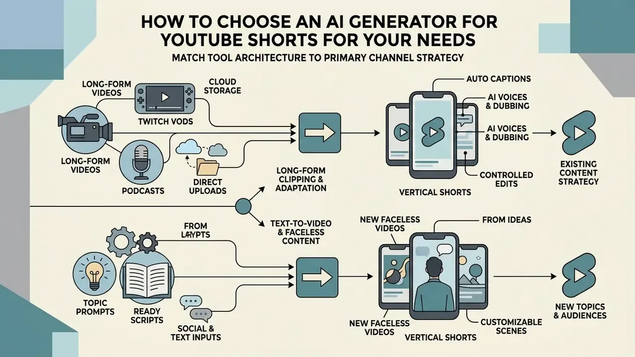 Infographic comparing input sources and output styles for an AI YouTube Shorts generator