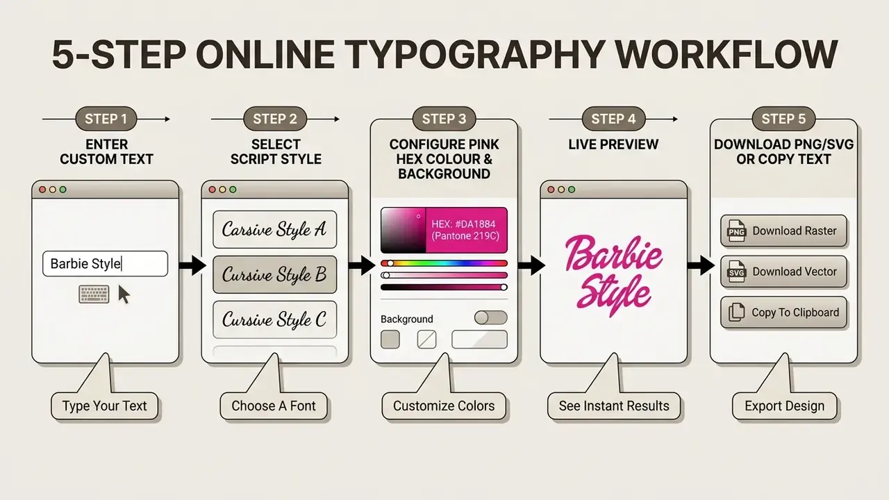 Five sequential steps illustrating the process of creating custom pink typography for a Barbie font generator