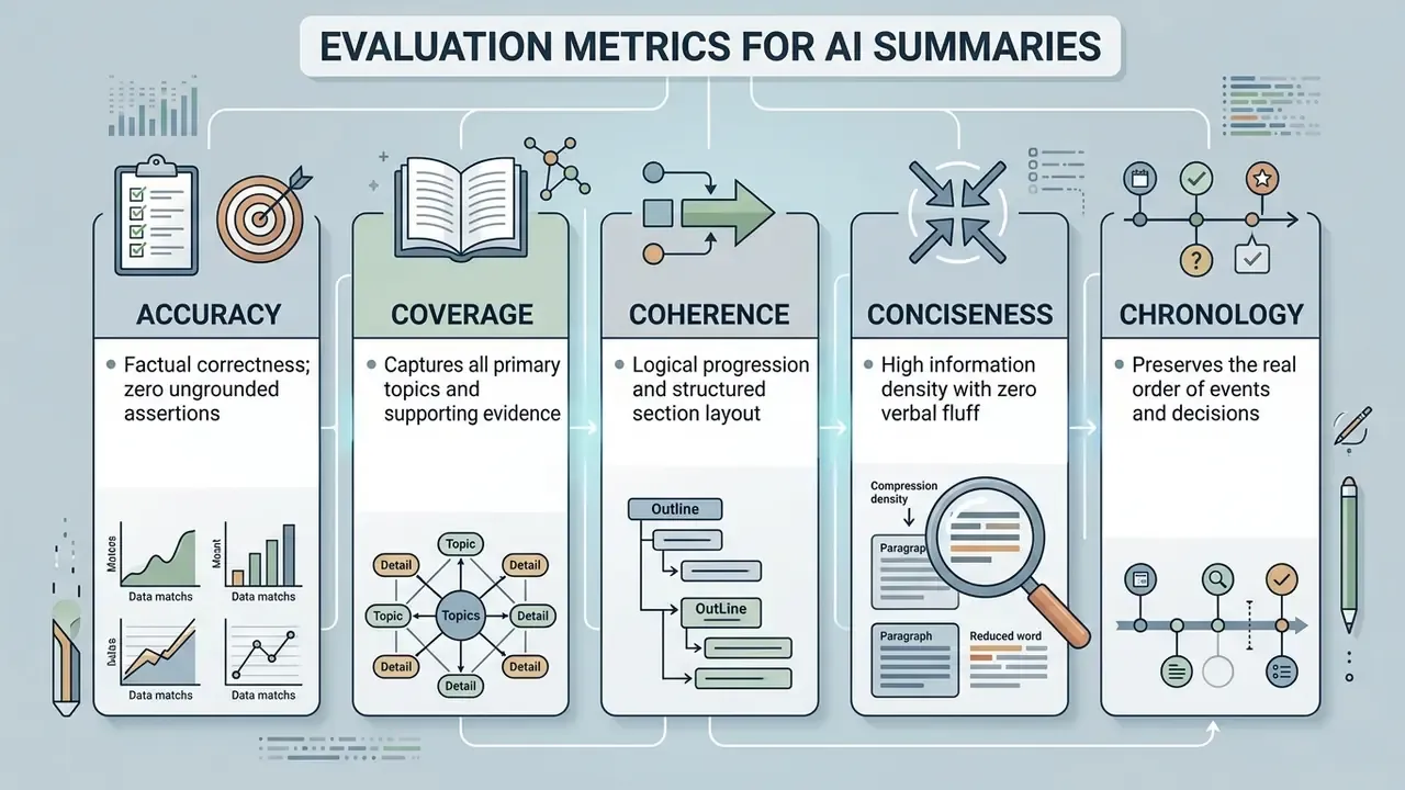 Five columns detailing evaluation metrics for AI summaries including accuracy, coverage, and chronology