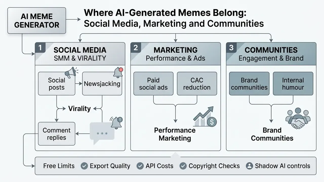 Diagram mapping business use cases for content creation across social media, marketing, and brand communities