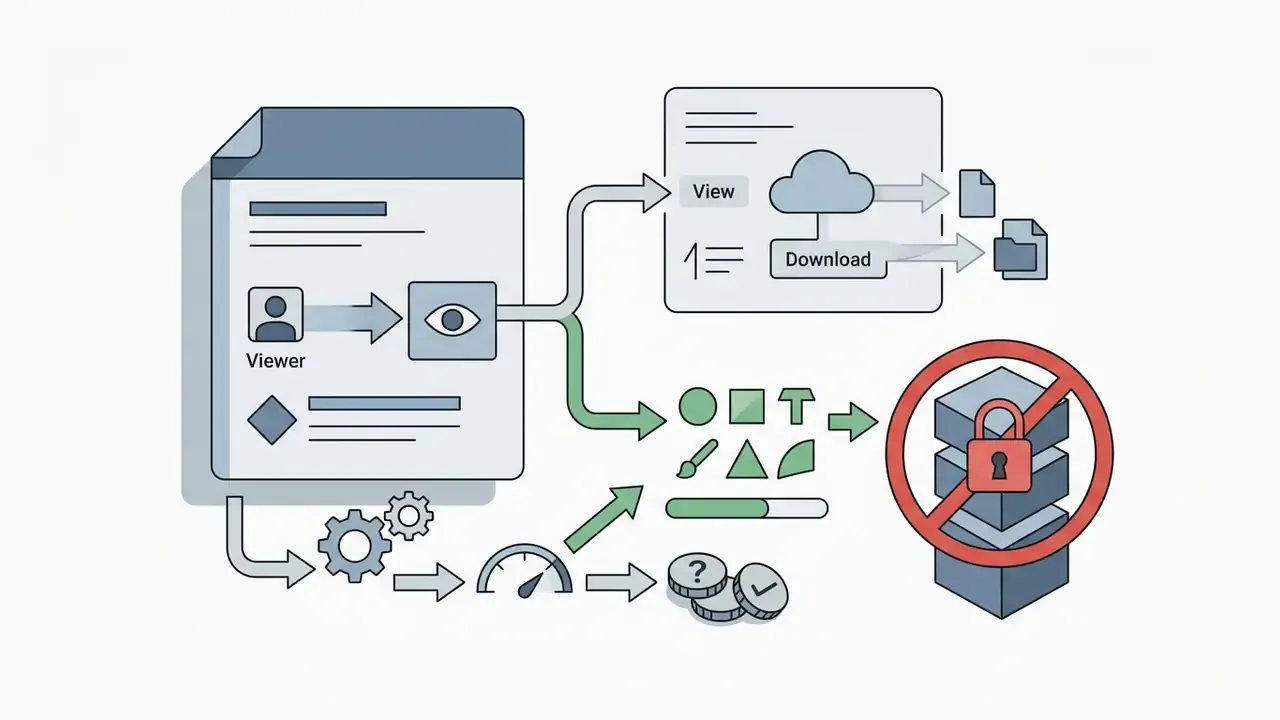Flowchart showing viewer role permissions for accessing assets and restricted access to paid tools