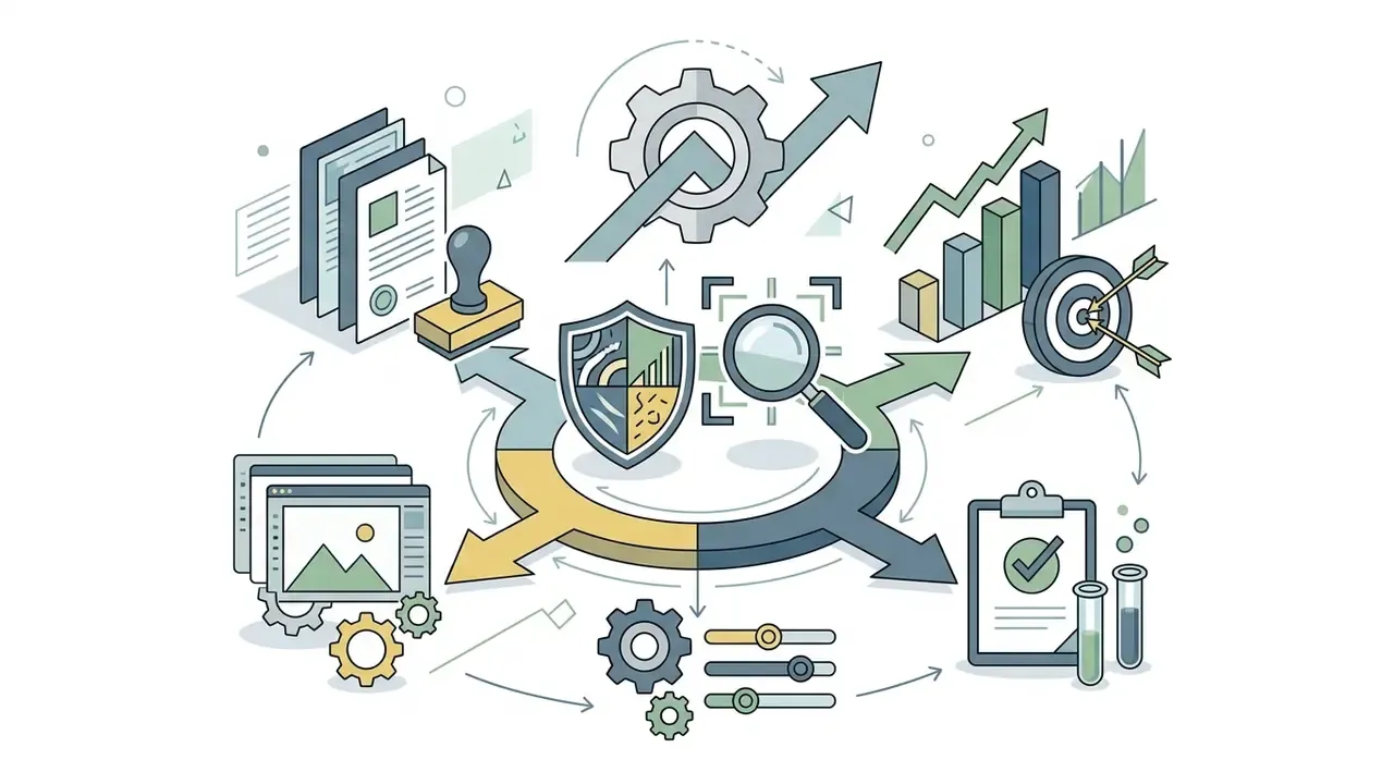 Shield and magnifying glass icons surrounded by document, gear, and testing symbols for editorial vetting