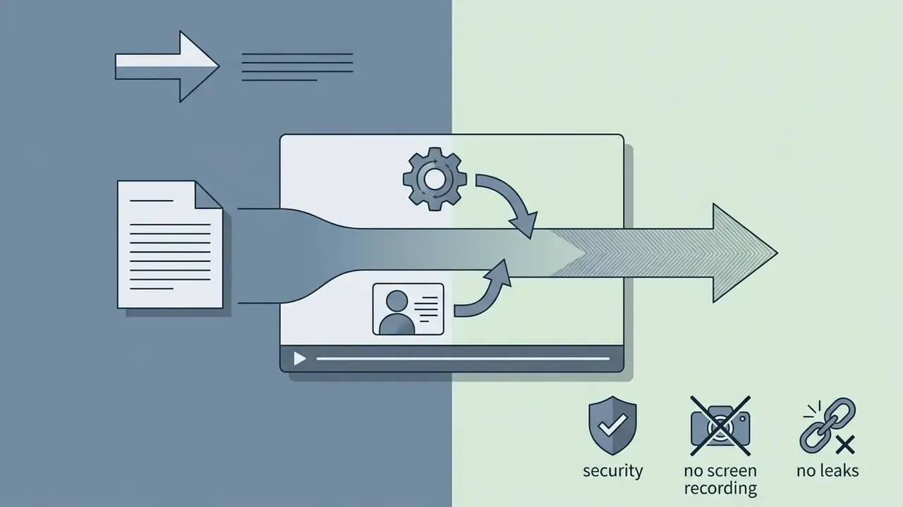 Document and user ID icons merging into a video stream with security and anti-piracy symbols
