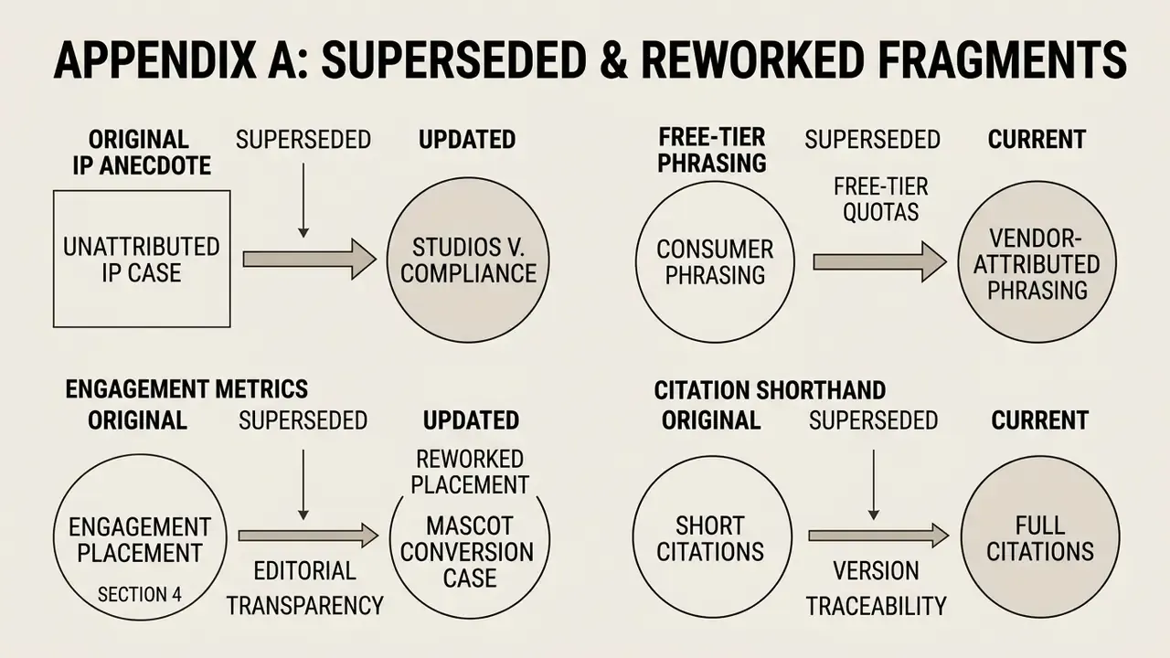 Four pairs of shapes connected by arrows showing the evolution of editorial and citation content