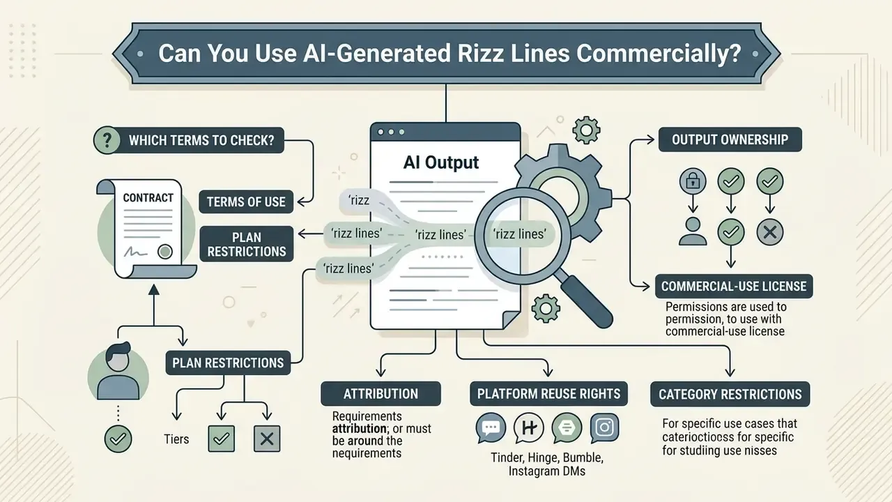 Infographic detailing legal and licensing considerations for using AI-generated text in commercial projects