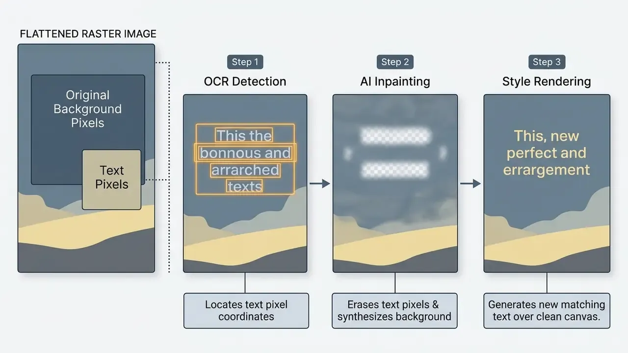 Diagram showing the three-step process of using OCR, AI inpainting, and style rendering to edit text in a JPEG