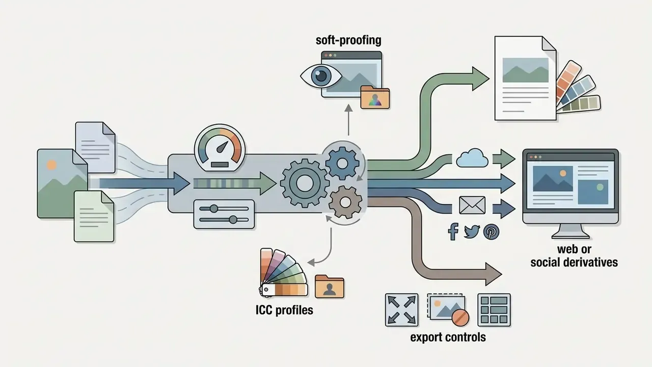 Processing engine connecting image files to soft-proofing, ICC profiles, and web or social export tools