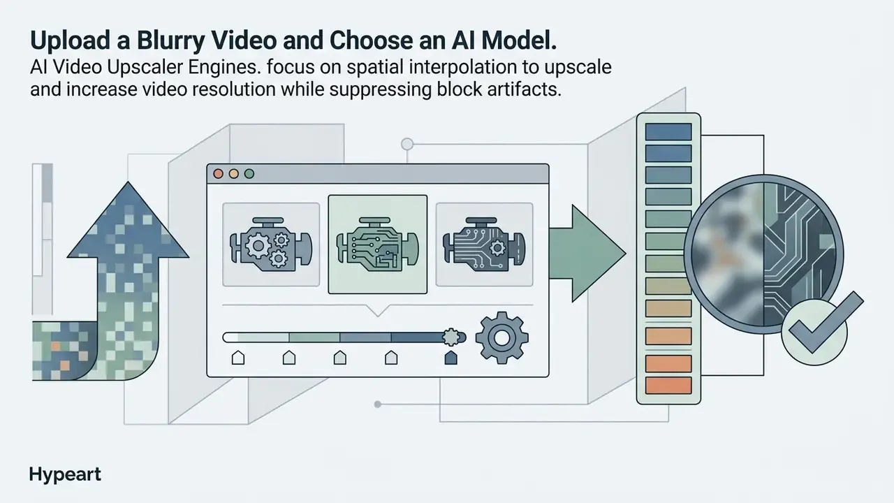Software interface showing three engine icons for selecting AI models to enhance image resolution