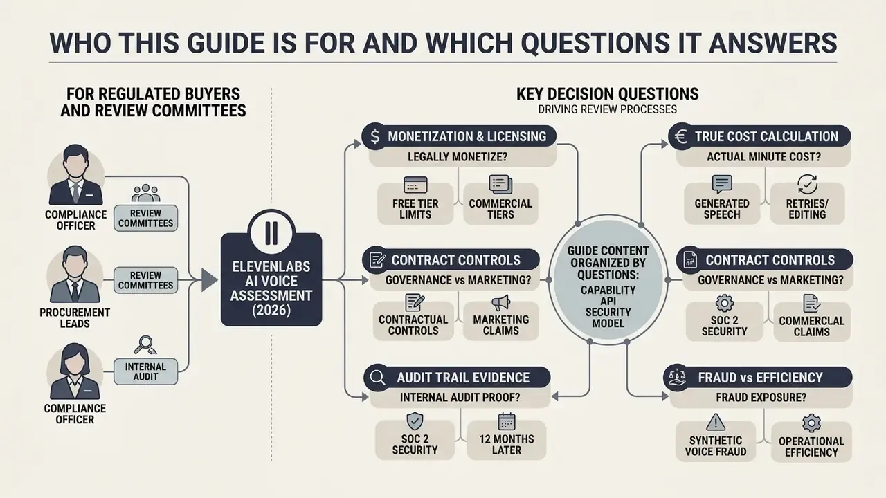 Diagram showing how ElevenLabs AI voice generator assessment addresses key questions for review committees