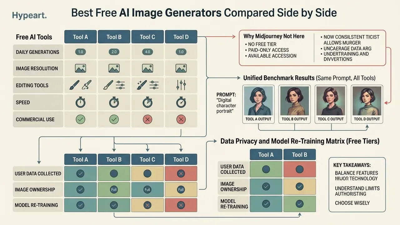 Comparison table displaying metrics for free AI image generators including benchmarks and privacy data