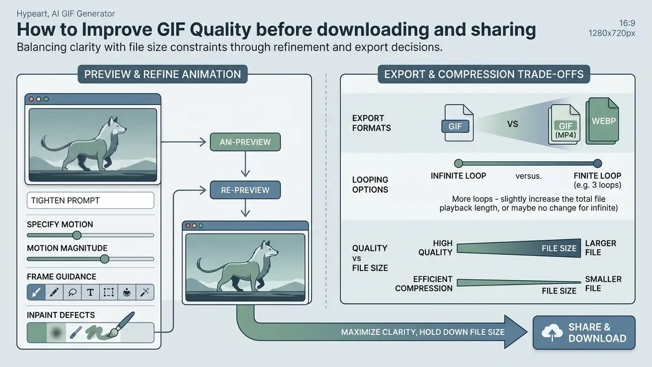 Infographic showing animation refinement tools and export settings to balance file size and visual clarity