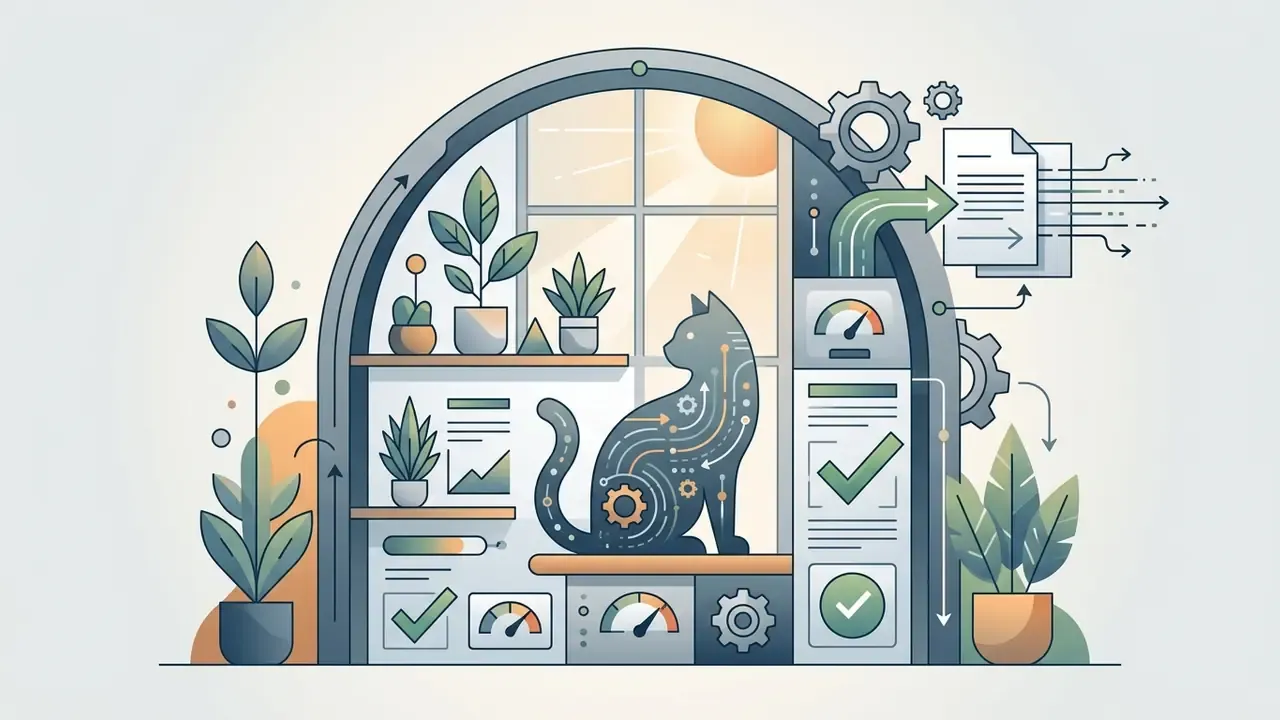 Stylized cat sitting on a shelf by a window surrounded by gauges, gears, and document processing icons