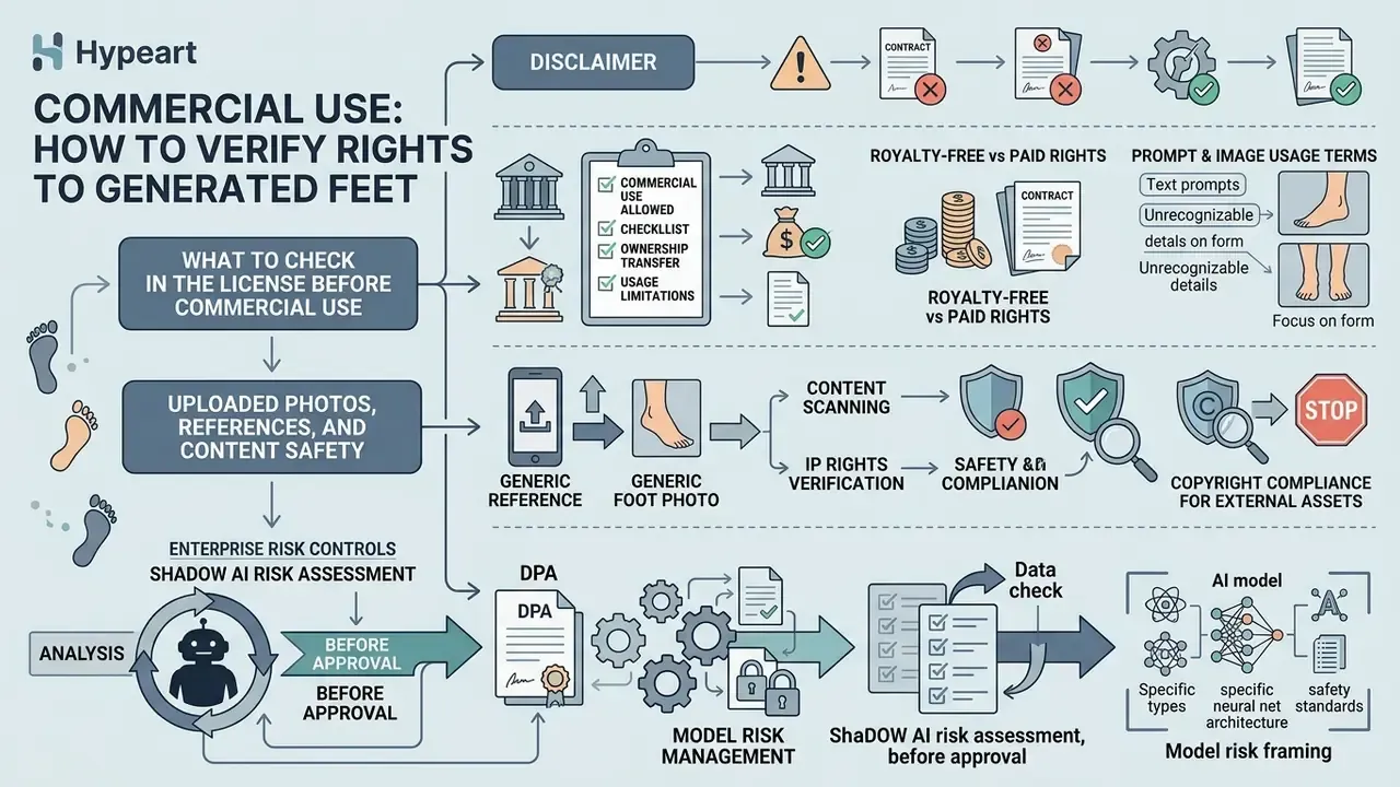 Infographic outlining legal checks, content safety, and risk management for commercial image usage