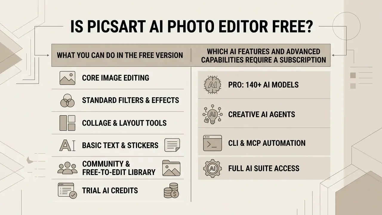 Comparison table listing free photo editor app features alongside premium subscription requirements