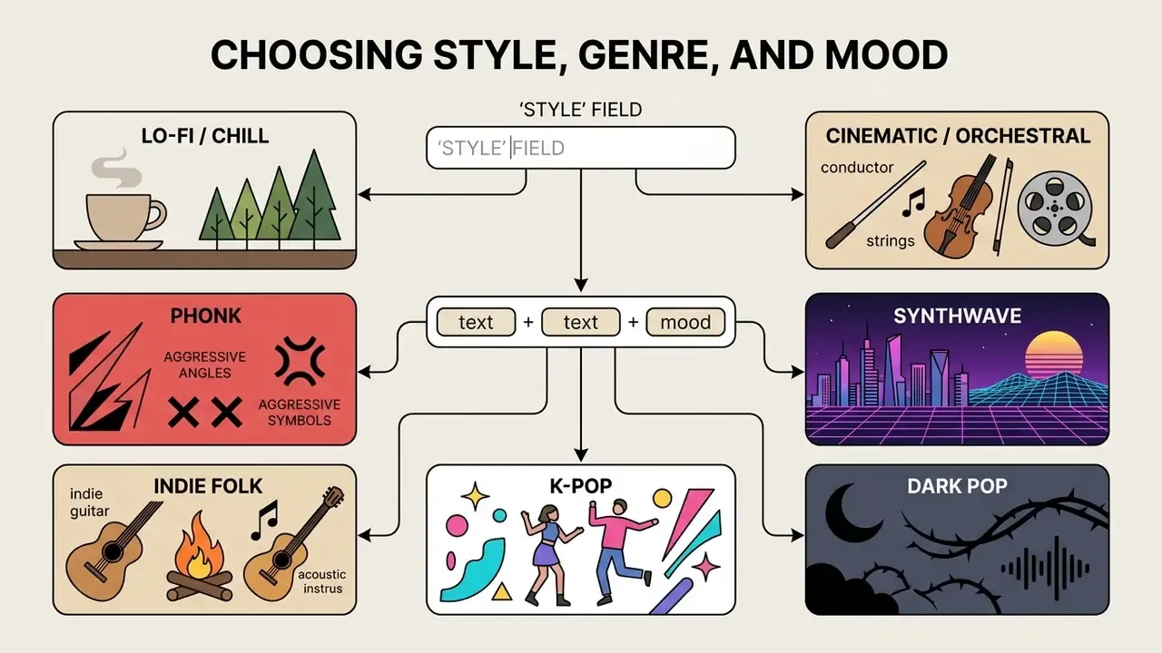 Diagram showing how to combine text descriptors in a style field to generate various musical genres