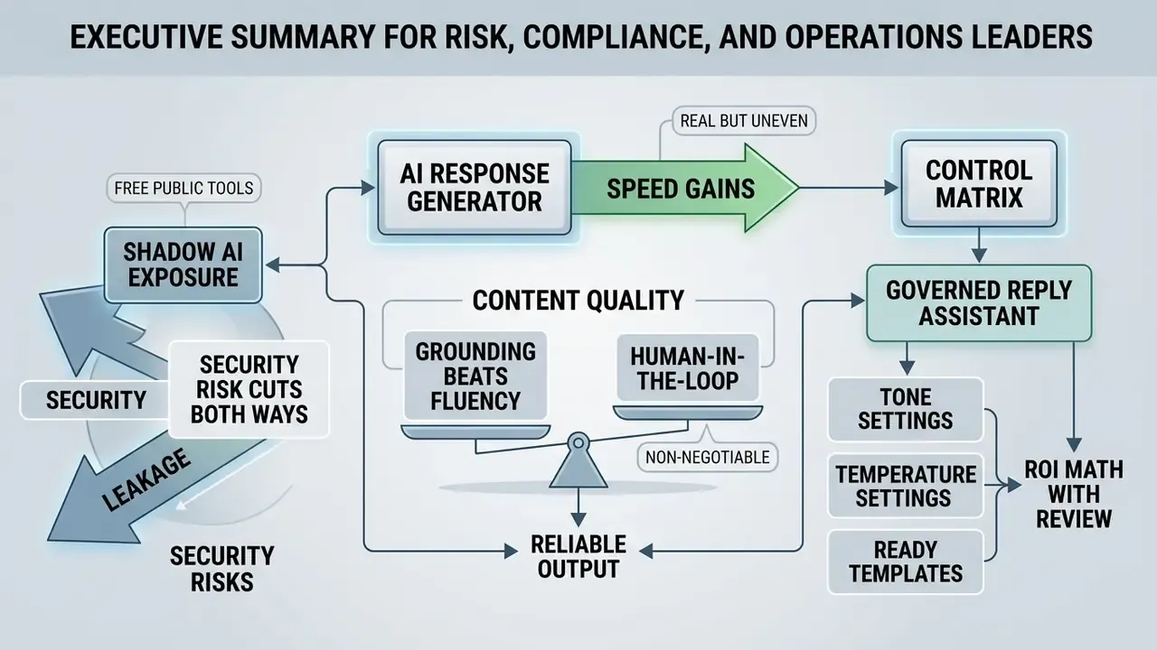 Flowchart showing how an AI response generator balances speed gains, security risks, and content quality