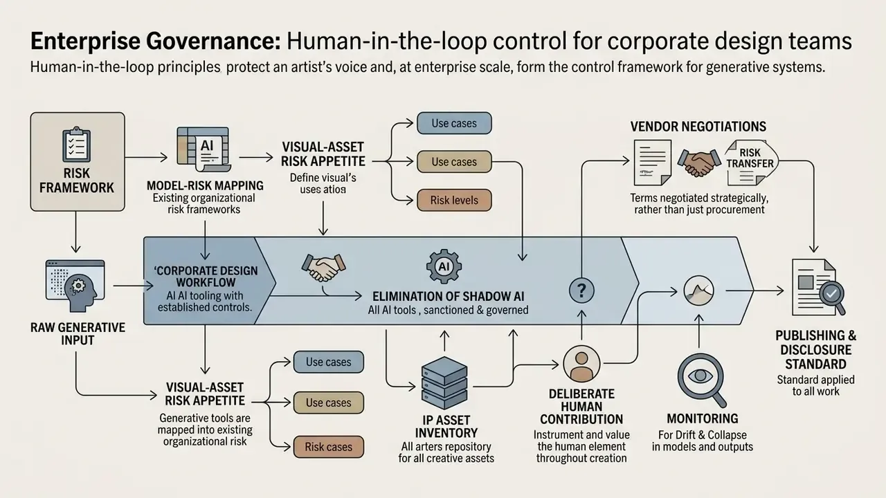 Process map showing how human-in-the-loop controls govern AI tools within corporate design workflows