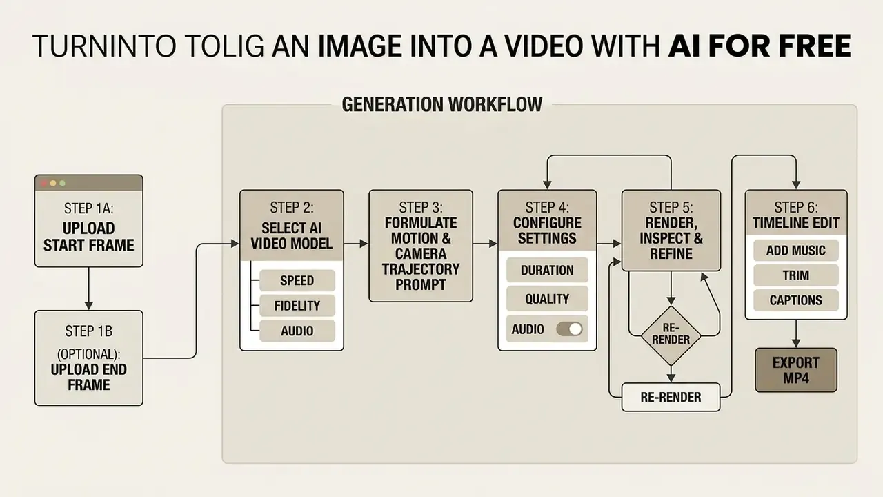 Sequential process map showing six steps to transform a static image into a video using AI tools