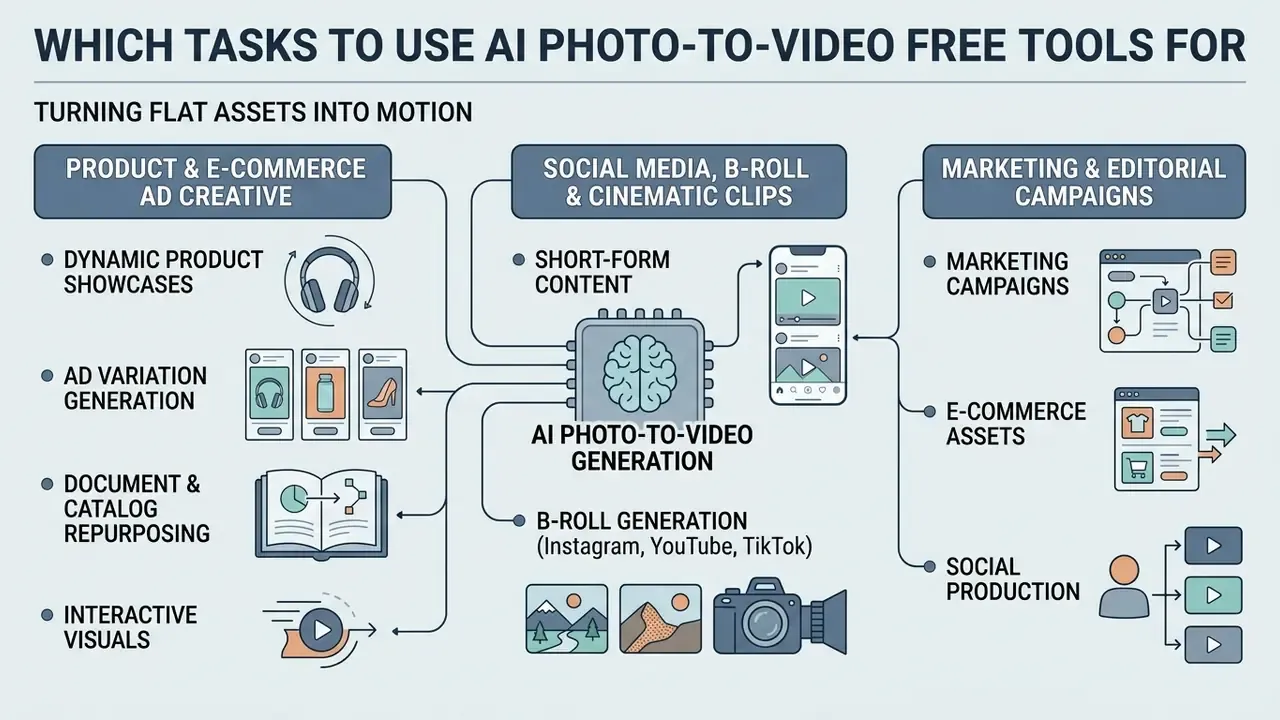 Central AI brain icon connecting e-commerce, social media, and marketing content generation workflows
