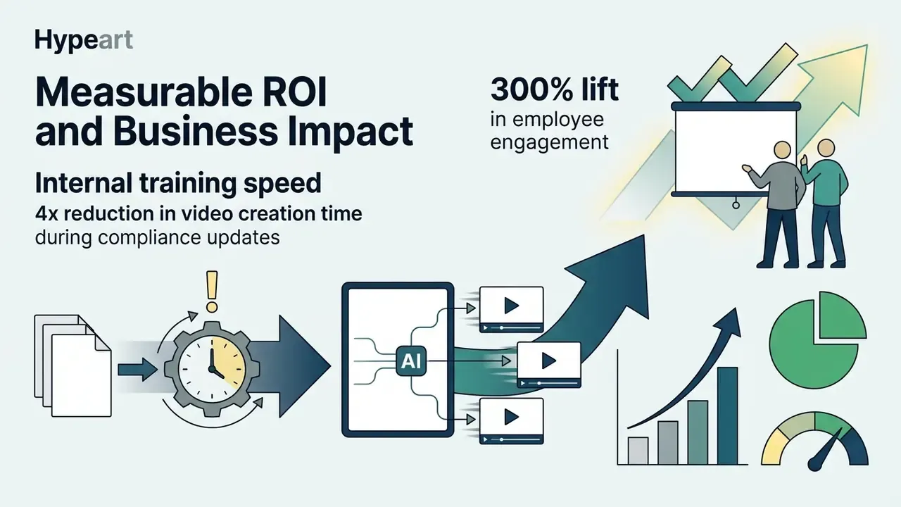 Process showing documents moving through a clock and AI system to create videos with upward growth charts