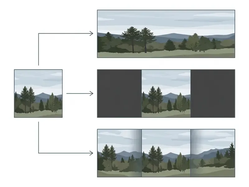 Diagram comparing stretched, cropped, and AI expanded landscape images from a central square source