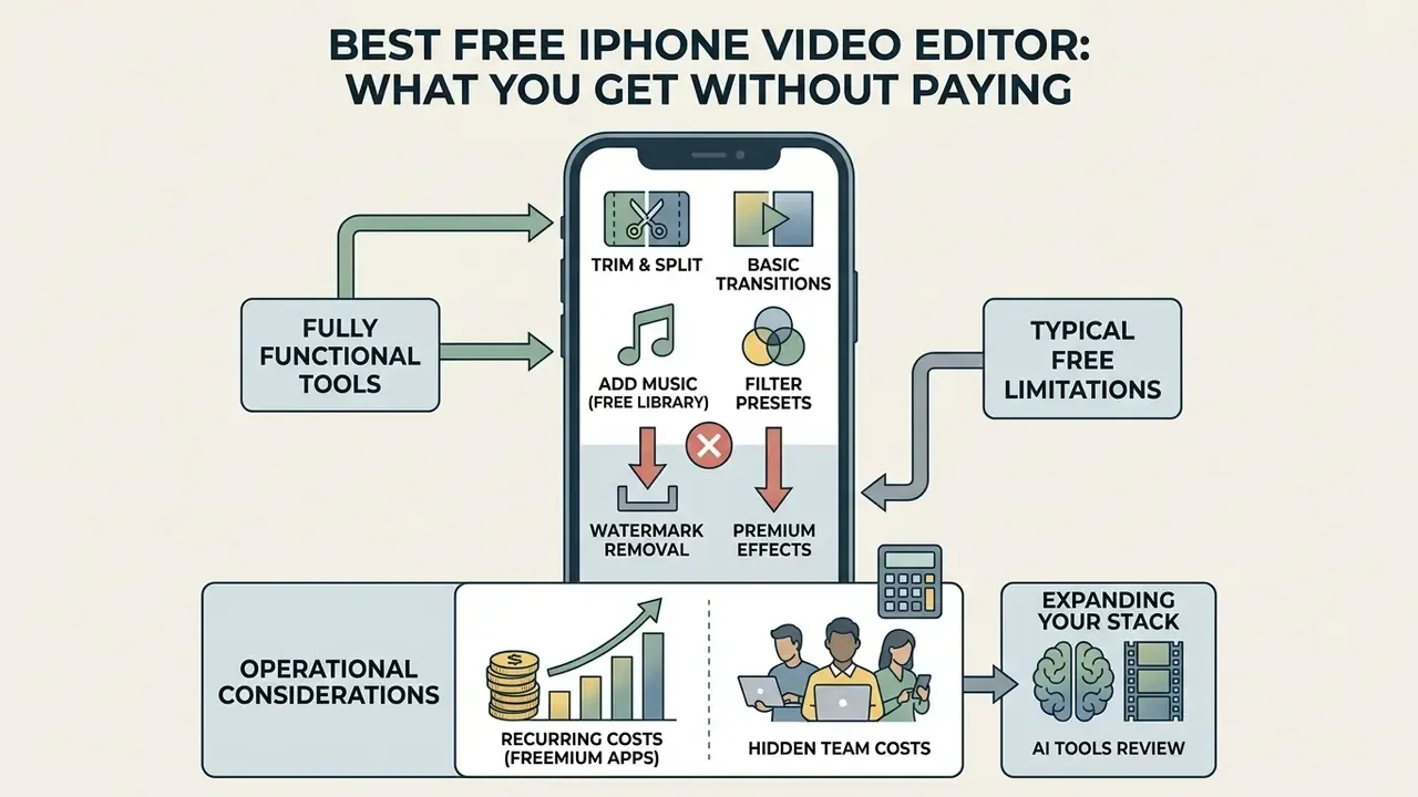 Diagram comparing free video editing features against paid limitations and operational costs on an iPhone