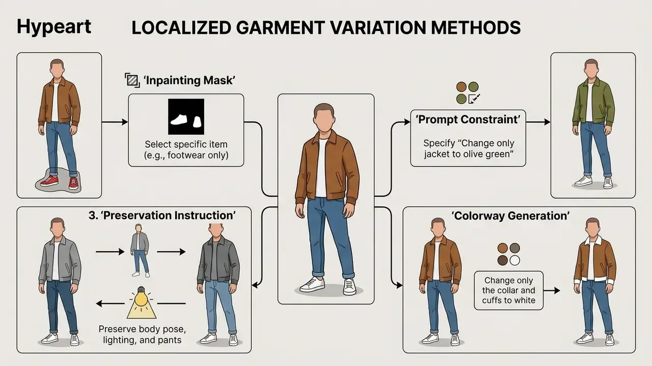 Technical breakdown of localized garment variation methods using inpainting, prompting, and preservation