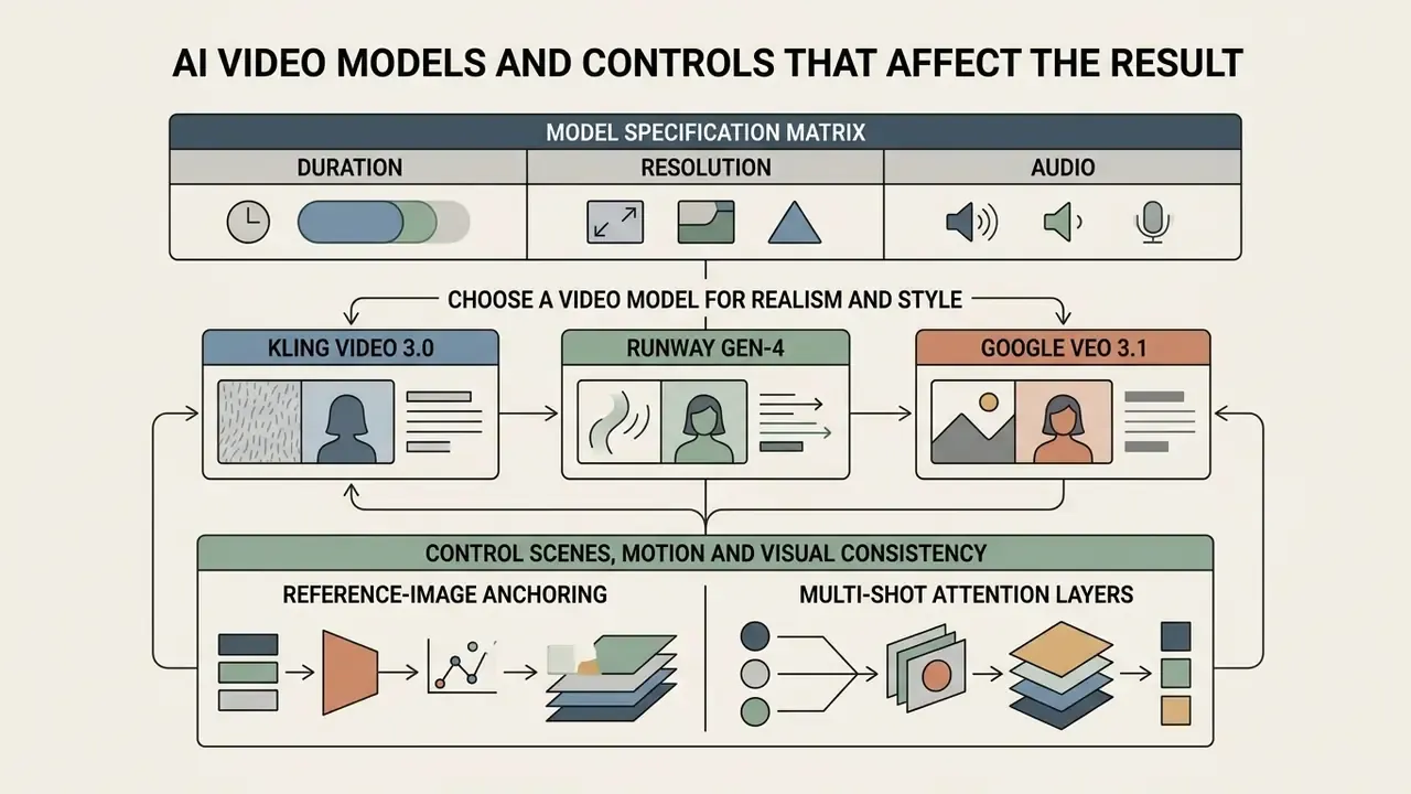 Diagram mapping model specifications and control techniques for an AI girl video generator