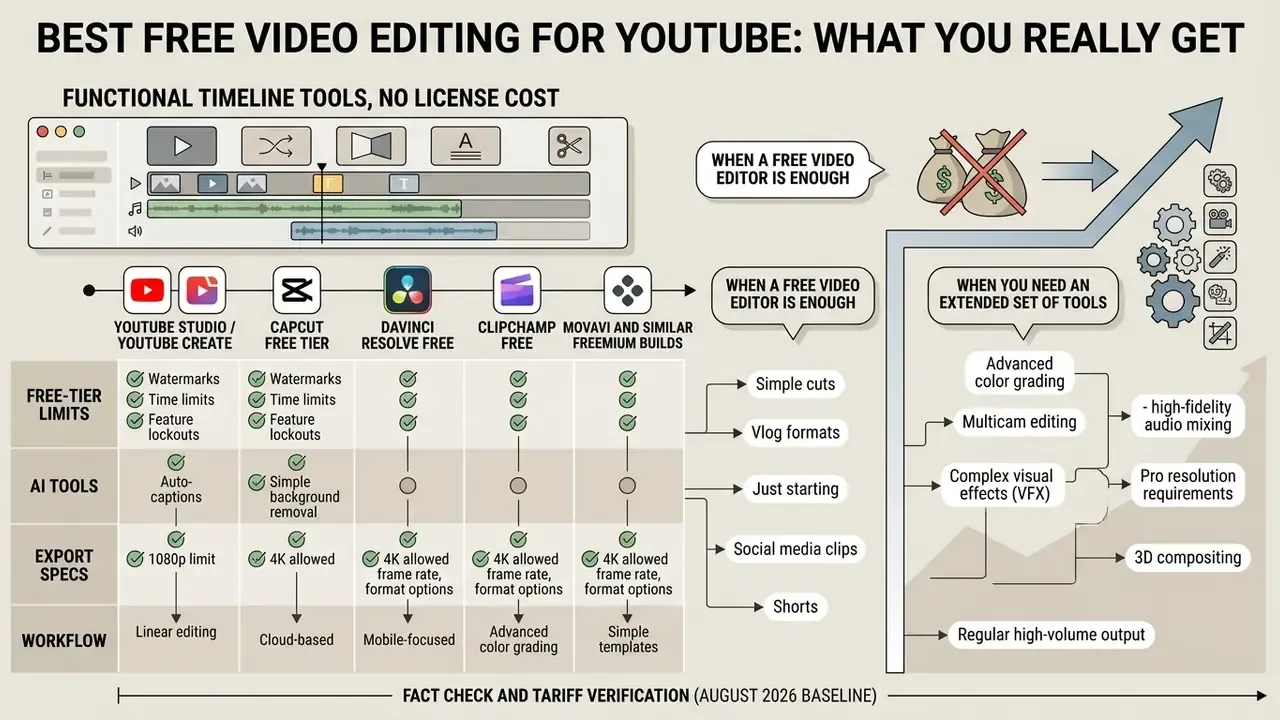 Comparison of free YouTube video editor features including limits, AI tools, and export specifications