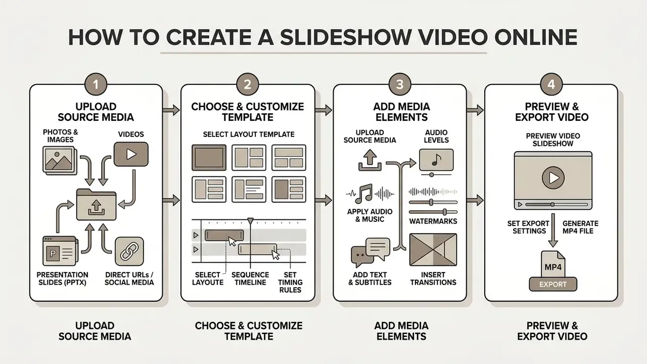 Four step process for creating a slideshow video online from uploading media to final file export