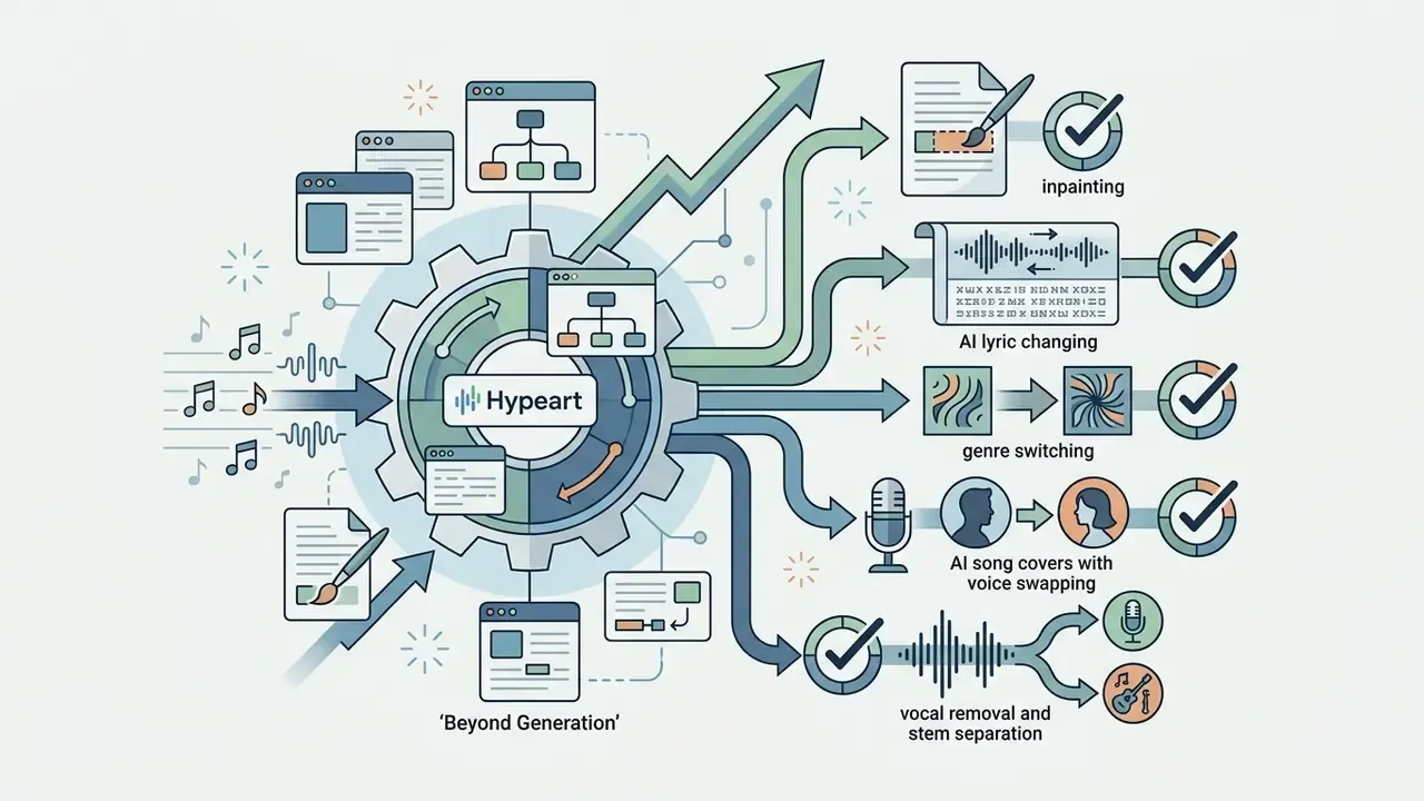 Central gear mechanism branching into specific editing tools like inpainting and voice swapping
