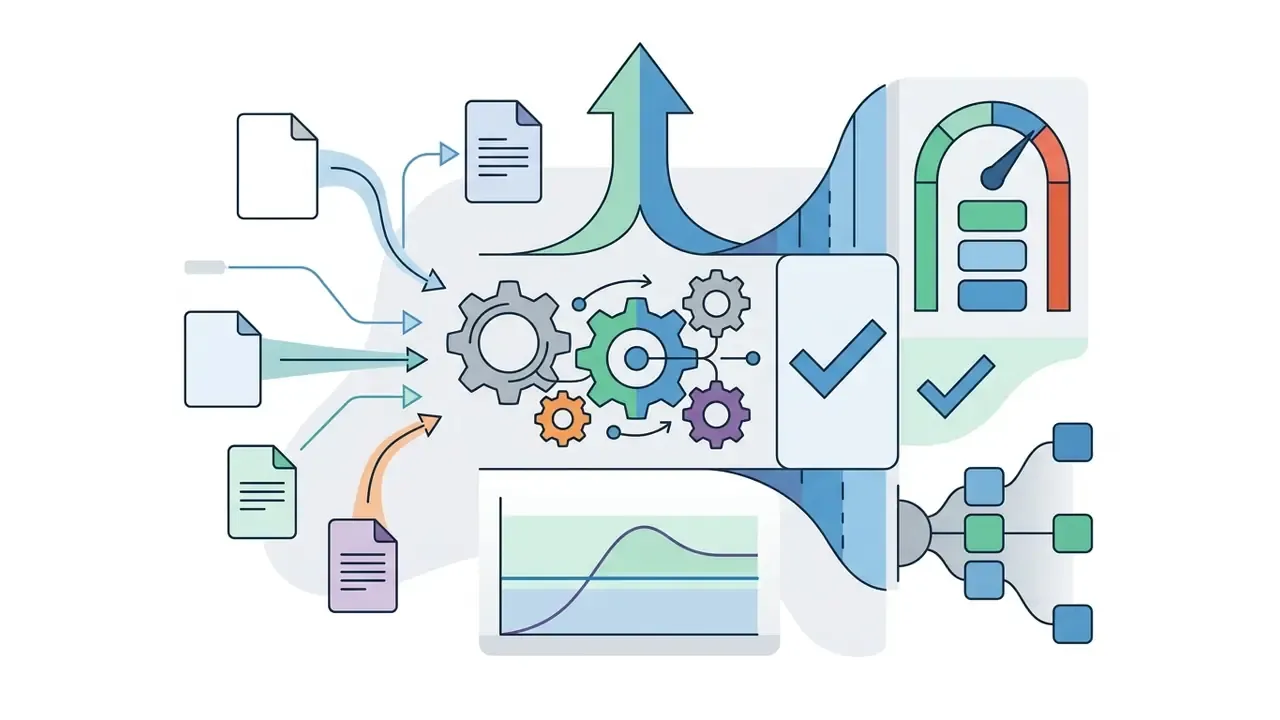 Document icons flow through a gear system to generate performance gauges and a branching workflow path